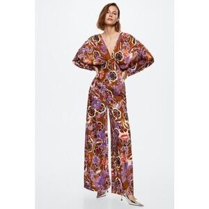 MNG Mango Women's Floral Printed Silky Jumpsuit Wide Leg V-Neck  Large 70's vibe